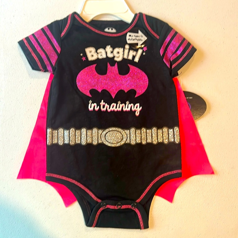 Batgirl,black with hot pink detachable cape onesie in size 3-6 months